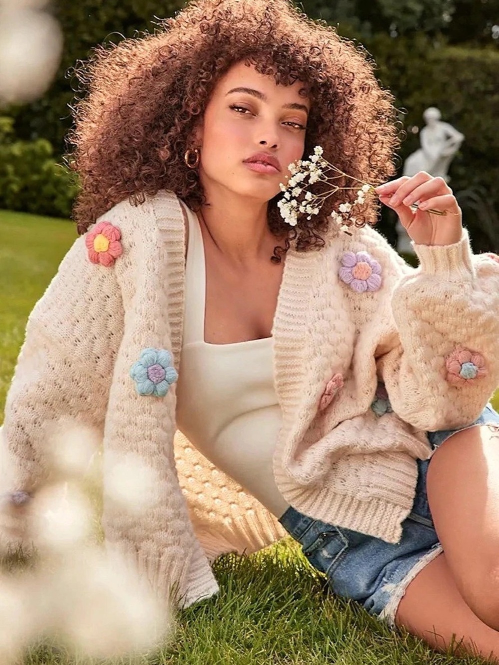 Lulus Impressive Sweetness Cream Pointelle Knit Embroidered Cardigan Medium